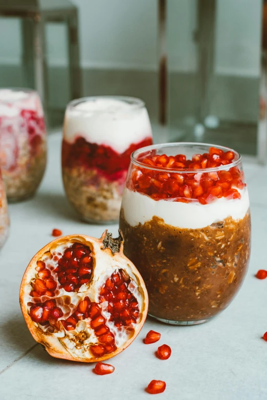 yogurt parfait parfait parfait parfait parfait parfait parfait parfait par, a still life, trending on pexels, renaissance, pomegranates, large jars on shelves, big oatmeal, brown