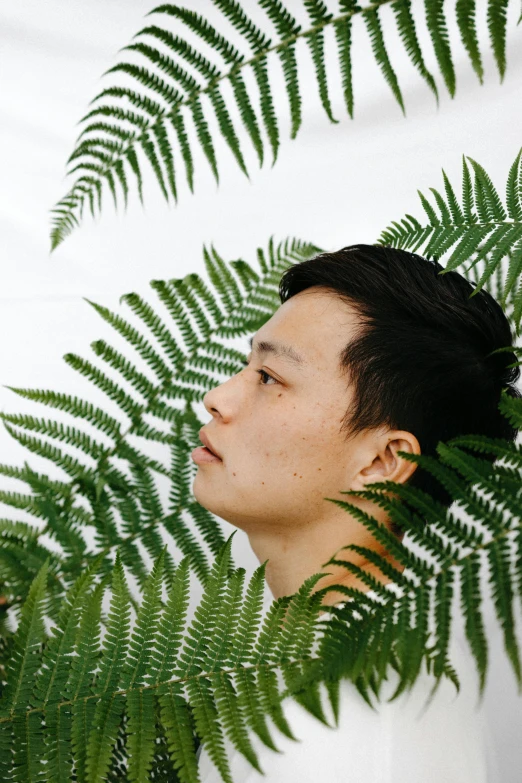 a man standing in front of a green plant, an album cover, inspired by Ren Hang, trending on unsplash, sumatraism, headshot profile picture, ferns, ethnicity : japanese, non binary model