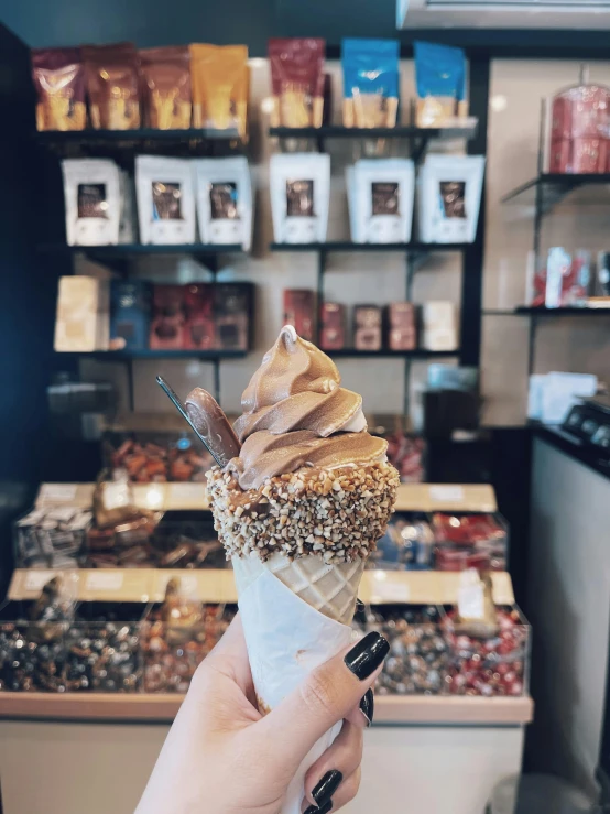a person holding an ice cream cone in their hand, instagram post, chocolate, the store, brown