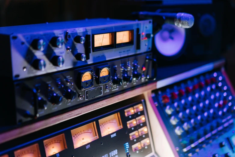 a bunch of electronic equipment sitting on top of a table, an album cover, by Daniel Lieske, pexels, softly glowing control panels, studio recording, avatar image, ship control panel close-up