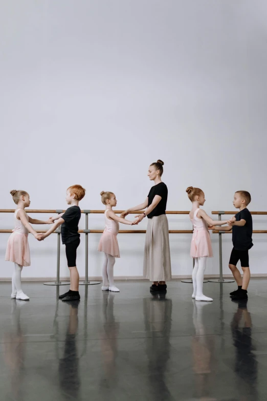 a group of children holding hands in a ballet class, by Arabella Rankin, trending on unsplash, studio quality, australia, elevation, avant designer uniform