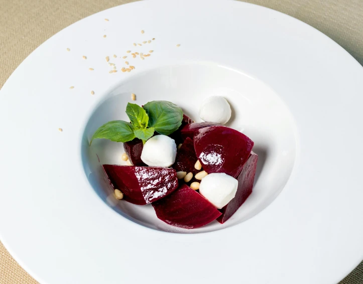 a close up of a plate of food on a table, inspired by Antonio Rotta, beets, square, thumbnail, mozzarella