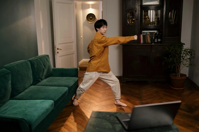 a man standing in a living room with a laptop, inspired by Fei Danxu, pexels contest winner, arabesque, karate pose, brown, cai xukun, ( ( theatrical ) )