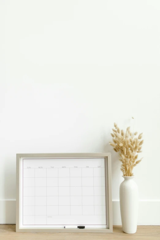 a picture frame sitting on top of a wooden floor next to a plant, a picture, trending on unsplash, minimalism, female calendar, 2 5 6 x 2 5 6, dried flowers, with a white background