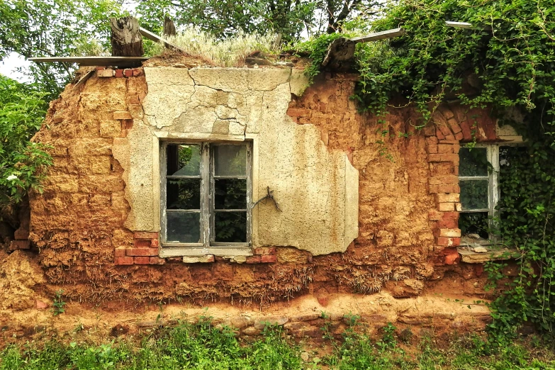 an old brick building sitting in the middle of a forest, a photo, inspired by Andrei Rublev, pixabay contest winner, auto-destructive art, crumbled wall in jerusalem, фото девушка курит, sand - colored walls, window