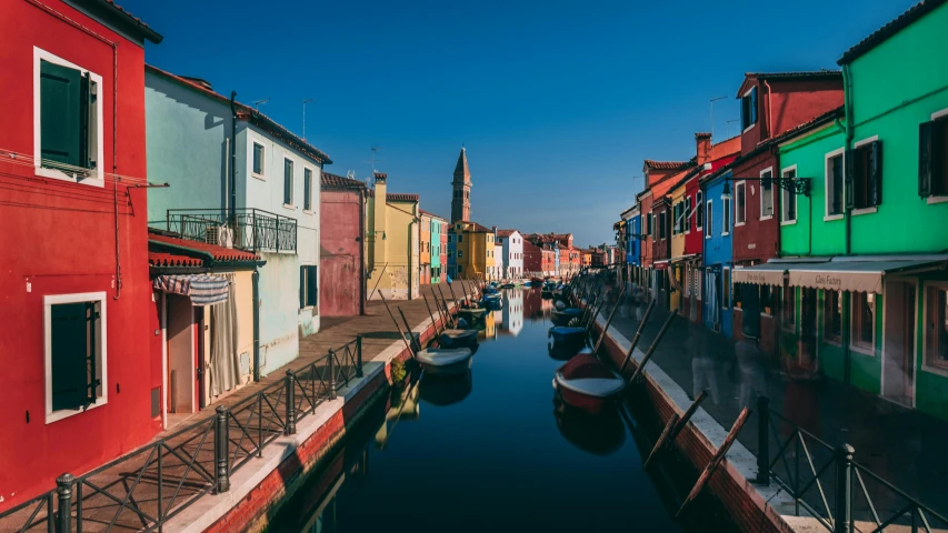 a canal filled with lots of boats next to tall buildings, inspired by Quirizio di Giovanni da Murano, pexels contest winner, quaint village, colorful”, thumbnail, afternoon light