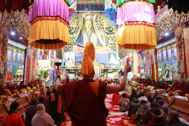 a group of people that are standing in a room, tibetan inspired architecture, festivals, avatar image