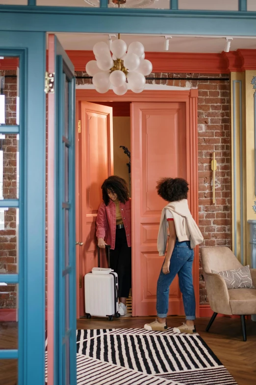 a couple of people that are standing in a room, a digital rendering, inspired by Pieter de Hooch, trending on pinterest, maximalism, in suitcase, pink door, low - angle shot, willow smith zendaya