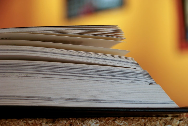 an open book sitting on top of a table, flickr, close - up profile, on a yellow paper, multiple stories, thumbnail