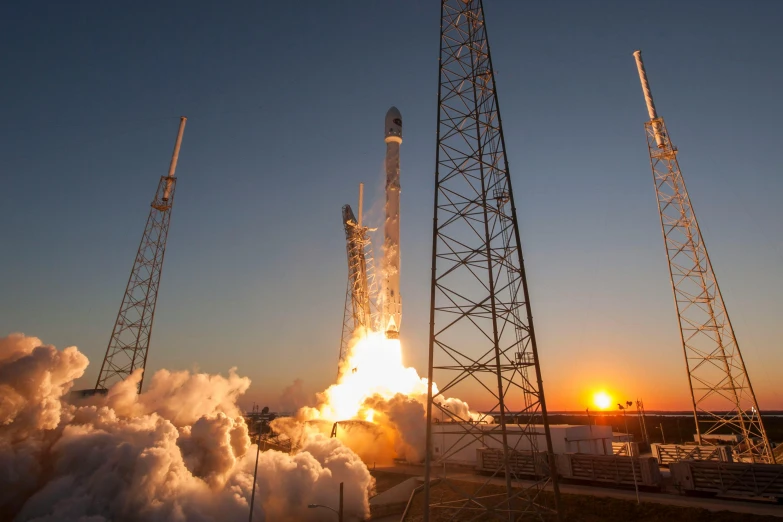 a spacex falcon lifts off into the sky, pexels contest winner, cargo spaceships, soup, first light, vine