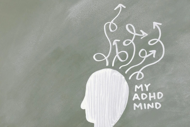 a drawing of a person's head with arrows coming out of it, a child's drawing, by Meredith Dillman, trending on pixabay, chalkboard, adhd, anything that comes into my mind, on grey background