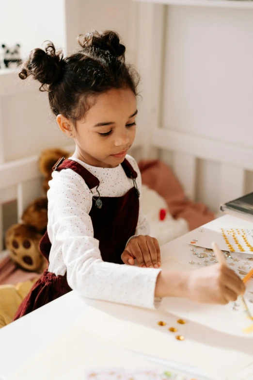 a little girl that is sitting at a table, a child's drawing, brown and white color scheme, thumbnail, kids toys, intricate beauty