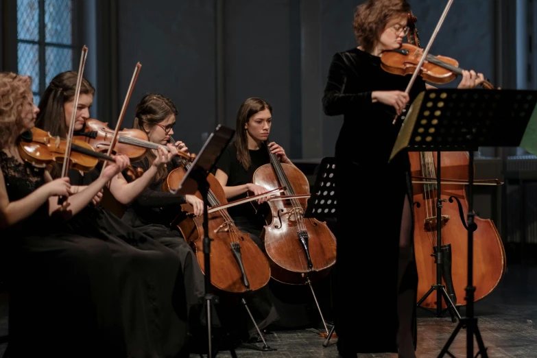 a woman in a black dress playing a violin, by Alejandro Obregón, shutterstock, baroque, a group of people, performing on stage, avatar image, eytan zana