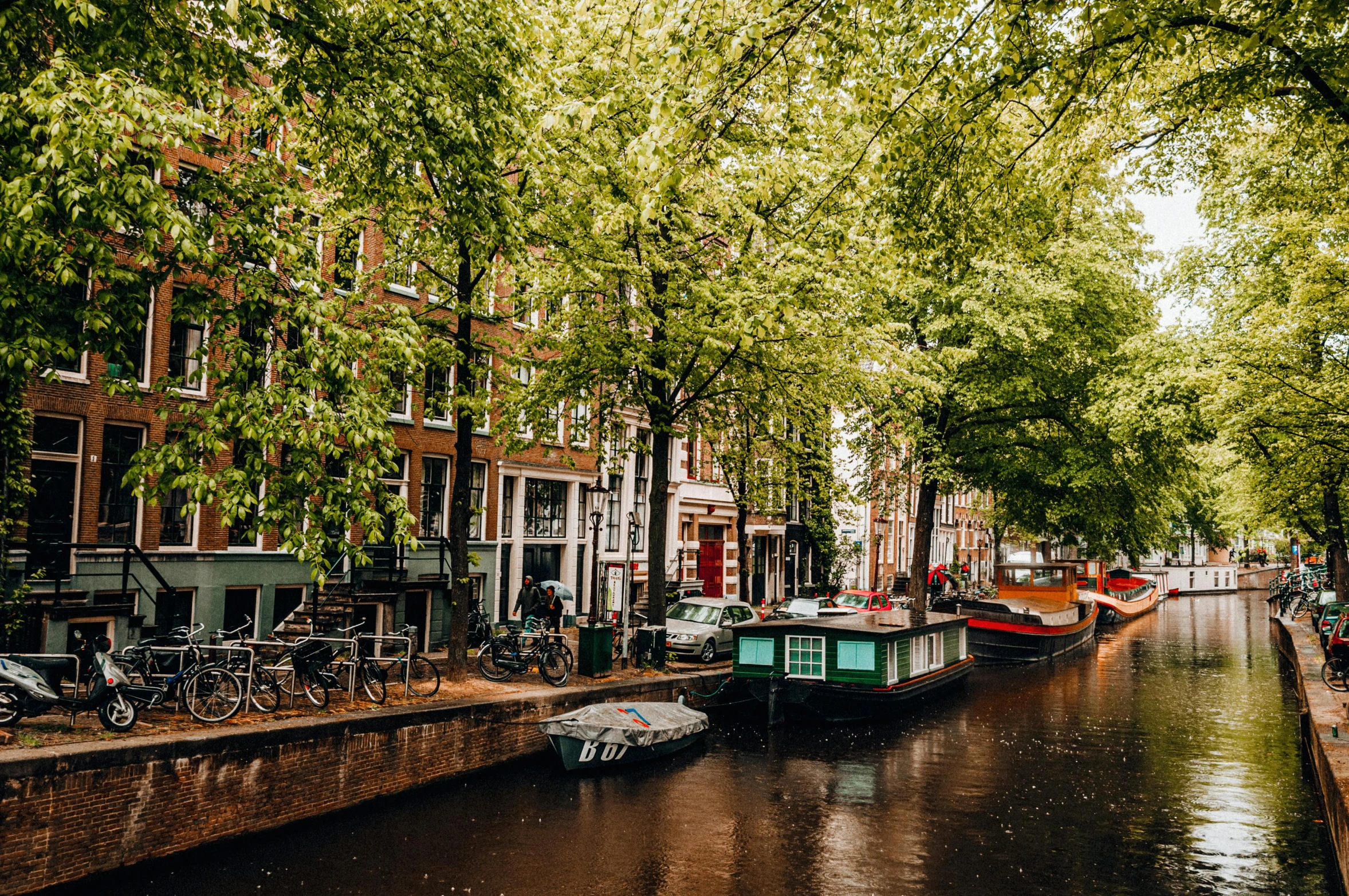 a canal filled with lots of boats next to tall buildings, by Julia Pishtar, big green trees, fan favorite, dutch houses along a river, wet streets