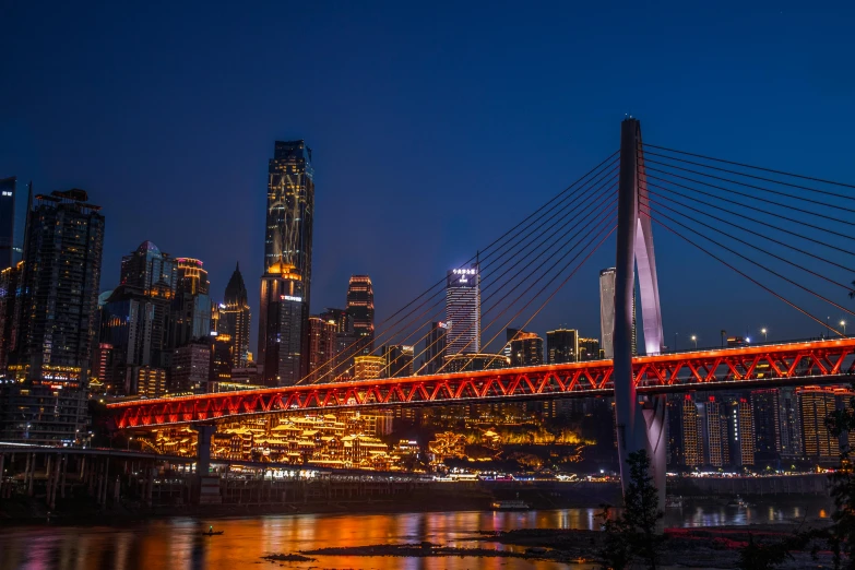 a bridge over a body of water with a city in the background, by Zha Shibiao, pexels contest winner, happening, sichuan, avatar image, evening time, skyline showing