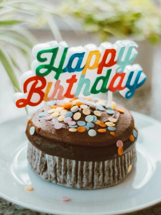 a cupcake sitting on top of a white plate, by Sam Dillemans, pexels, happy birthday, colorful signs, chocolate frosting, 🚿🗝📝