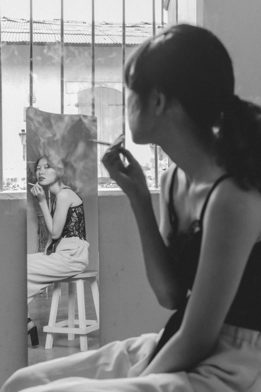 a black and white photo of a woman smoking a cigarette, a black and white photo, inspired by Fei Danxu, standing in front of a mirror, bae suzy, hyper realism!!, set photography