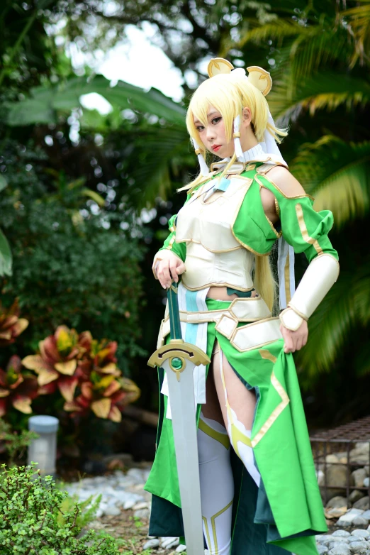 a woman in a green and white outfit holding a sword, ayaka cosplay, gold paladin, large)}], square