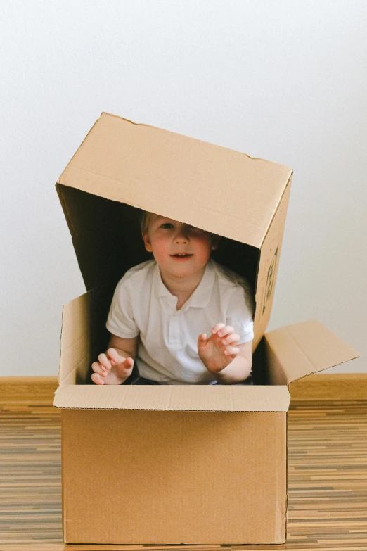 a small child sitting inside of a cardboard box, ecommerce photograph, rectangle, smol, caucasian