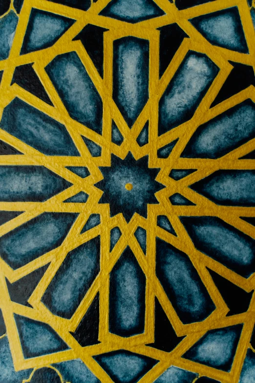 a painting of a blue and yellow geometric design, a detailed painting, inspired by Alberto Morrocco, pexels contest winner, inlaid with gold, cairo, superfine ink detail, nonagon infinity