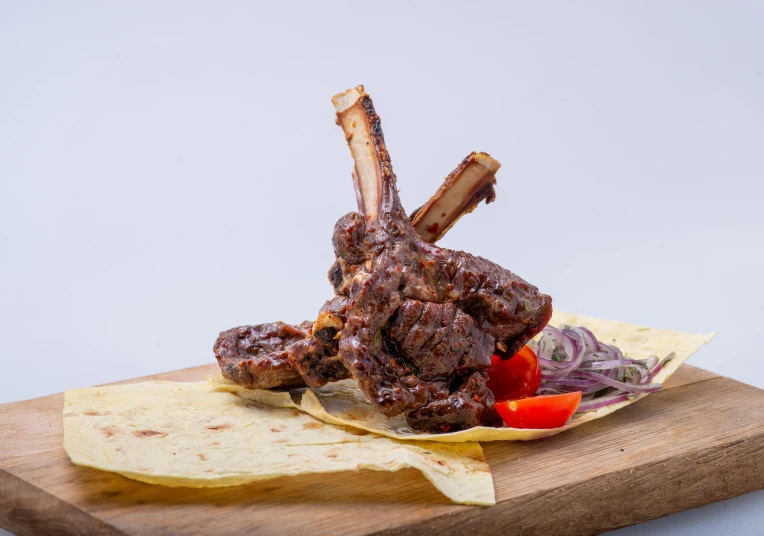 a wooden cutting board topped with meat and tortillas, pexels contest winner, les nabis, two horns on the head, greek ameera al taweel, side profile view, ribs