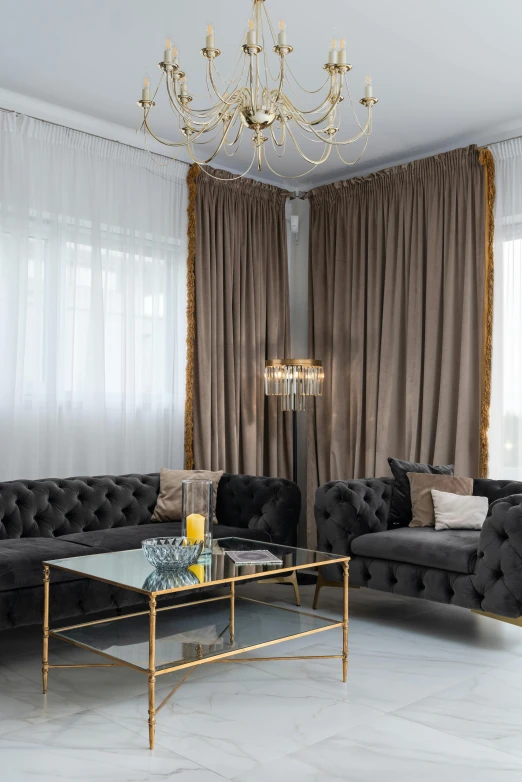 a living room filled with furniture and a chandelier, inspired by Emilio Grau Sala, trending on cg society, baroque, background made of big curtains, golden dapple lighting, close up portrait shot, scandinavian design