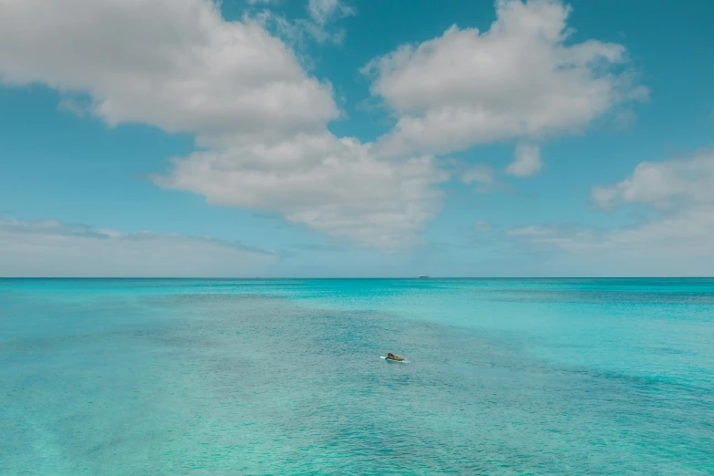 a boat floating in the middle of a large body of water, a photo, pexels contest winner, carribean turquoise water, peaceful puffy clouds, coral sea bottom, people swimming