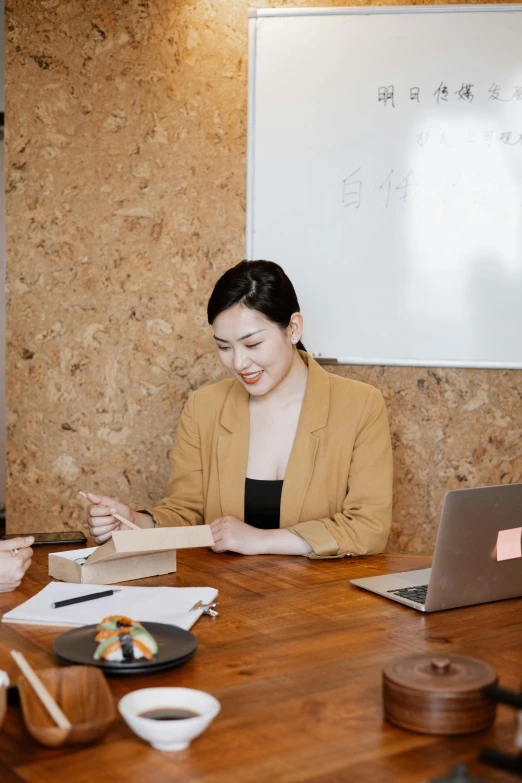 a group of people sitting around a wooden table, a cartoon, by Jang Seung-eop, pexels contest winner, female in office dress, product introduction photo, delivering parsel box, professional profile photo