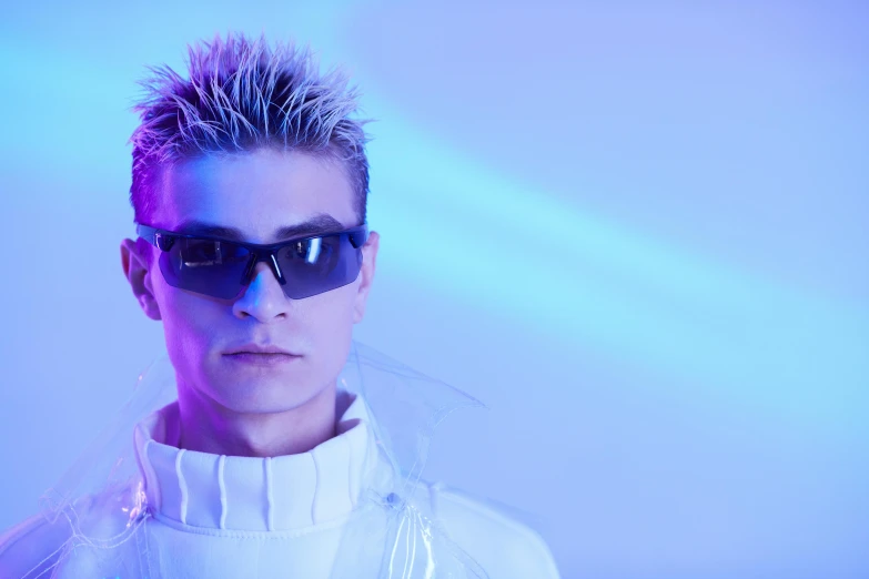 a close up of a person wearing sunglasses, an album cover, inspired by Kristian Kreković, altermodern, cold blue light, futuristic clothes, fashion shoot 8k, spiky