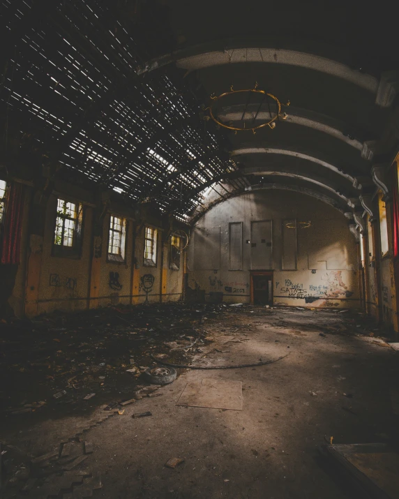 an old run down building with lots of windows, unsplash contest winner, graffiti, room of a dark mansion, ((rust)), collapsed floors, snapchat photo