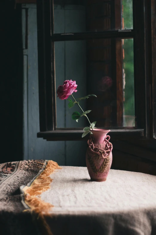 a vase sitting on top of a table next to a window, unsplash contest winner, romanticism, pink rose, embroidered velvet, rustic setting, thoughtful pose