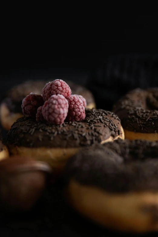 a close up of doughnuts with raspberries on top, a still life, by Daniel Seghers, unsplash, vray 8k, chocolate, 15081959 21121991 01012000 4k