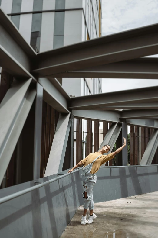 a man flying through the air while riding a skateboard, inspired by Fei Danxu, pexels contest winner, conceptual art, steel archways, doing a sassy pose, blame! brutalist architecture, a woman walking