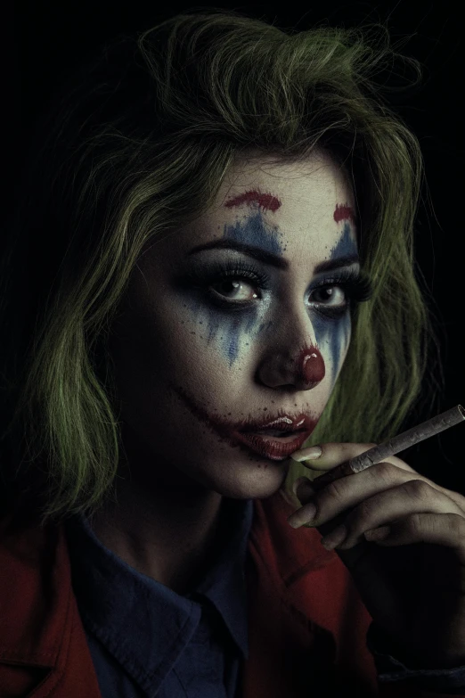 a woman dressed as a clown smoking a cigarette, inspired by Lee Jeffries, trending on pexels, joker looks like naruto, just, superhero, teenage girl