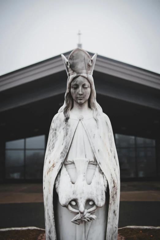 a statue of a woman holding a cat in front of a building, virgin mary, portrait featured on unsplash, symmetrical crown, grey