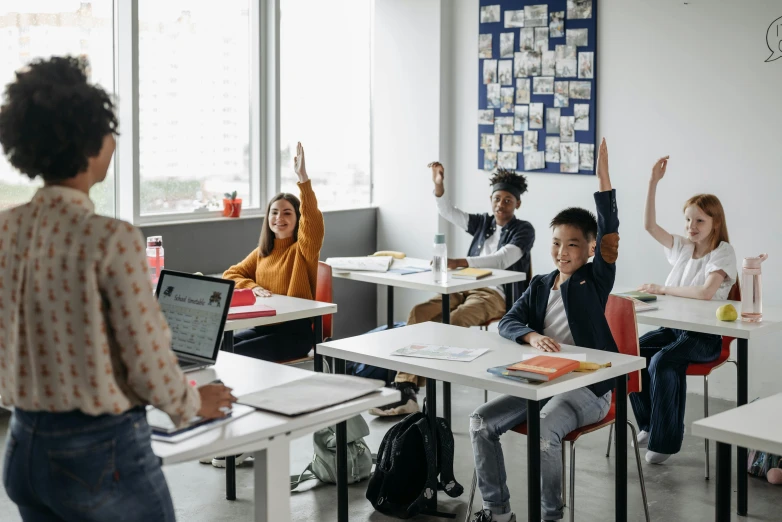 a group of people sitting at desks in a classroom, trending on pexels, fan favorite, standing up, money sign pupils, lachlan bailey