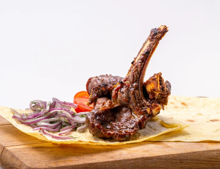 a wooden cutting board topped with meat and tortillas, a picture, by Niko Henrichon, pexels contest winner, hurufiyya, horns on its head, made of glazed, side profile shot, ribs