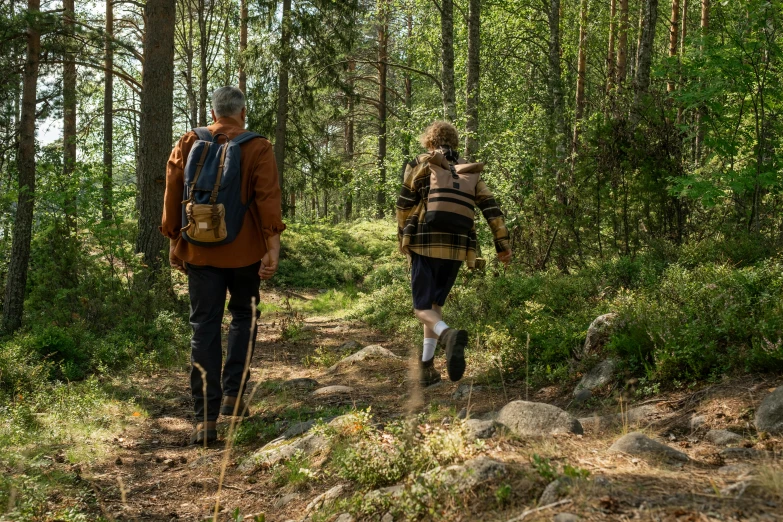 a couple of people that are walking in the woods, by Eero Järnefelt, pexels, figuration libre, schools, midsummer, youtube thumbnail, carrying survival gear