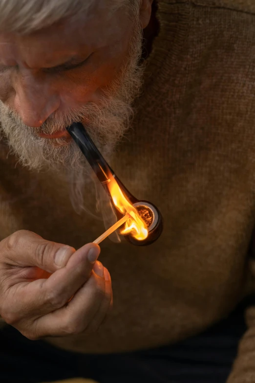 a man lighting a cigarette with a lighter, trending on pexels, hyperrealism, shepherd's crook, raku, an oldman, natural soft rim light