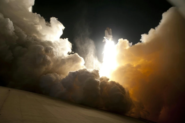 a space shuttle lifts off into the sky, a picture, by Dan Scott, unsplash, light and space, james webb telescope photo, dramatic entry, curiosity, turbulence