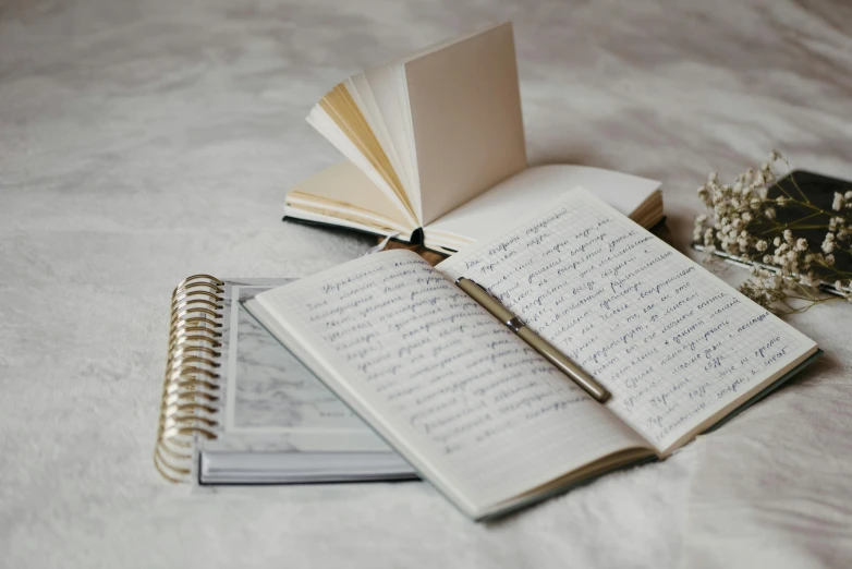 an open book sitting on top of a bed next to a pen, by Alice Mason, unsplash, with some hand written letters, white marble and gold, silver，ivory, notebook