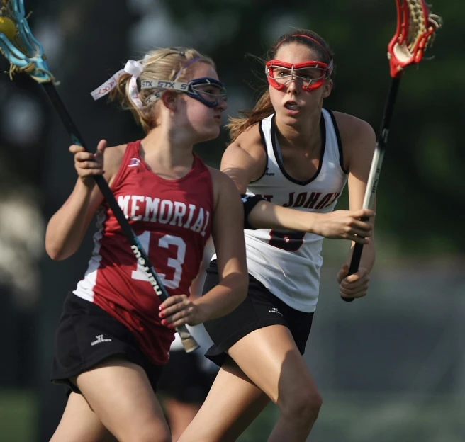 a couple of girls playing a game of lacrosse, a picture, black and red only, anthony moravian, profile pic, ap news photo