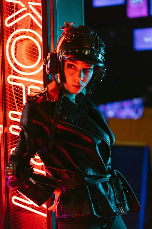 a woman standing in front of a neon sign, cyberpunk art, wearing a full leather outfit, in a nightclub, anton fadeev 8 k, woman in streetwear