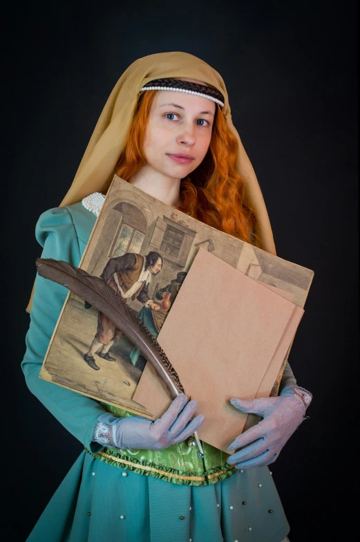 a woman in a green dress holding a book, a renaissance painting, inspired by Jean-Étienne Liotard, renaissance, full-cosplay, taken in the early 2020s, female redhead templar, holding a stack of books