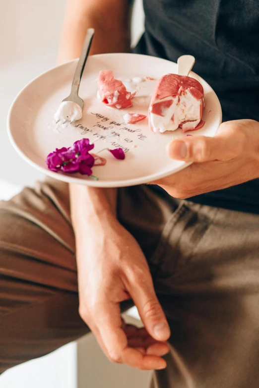 a person holding a plate with food on it, smeared flowers, meat, profile image, porcelain organic