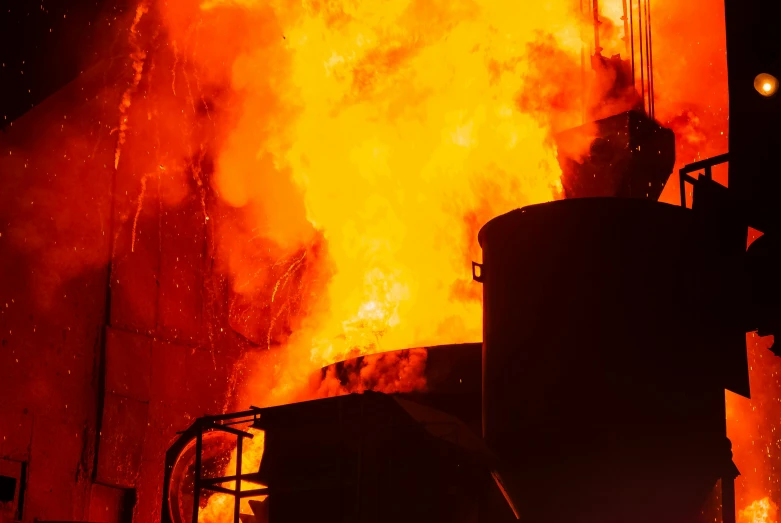 a large fire is coming out of a building, pexels contest winner, renaissance, steel mill, avatar image, mid closeup, profile image