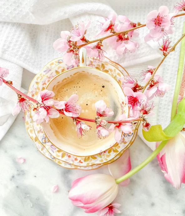 a cup of coffee sitting on top of a table, a still life, by Lucia Peka, trending on unsplash, romanticism, blossom sakura, vanilla smoothie explosion, thumbnail, high quality photo