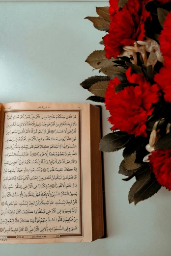 a book sitting on top of a table next to a bouquet of flowers, hurufiyya, religious awe, panel, medium close shot, multiple stories