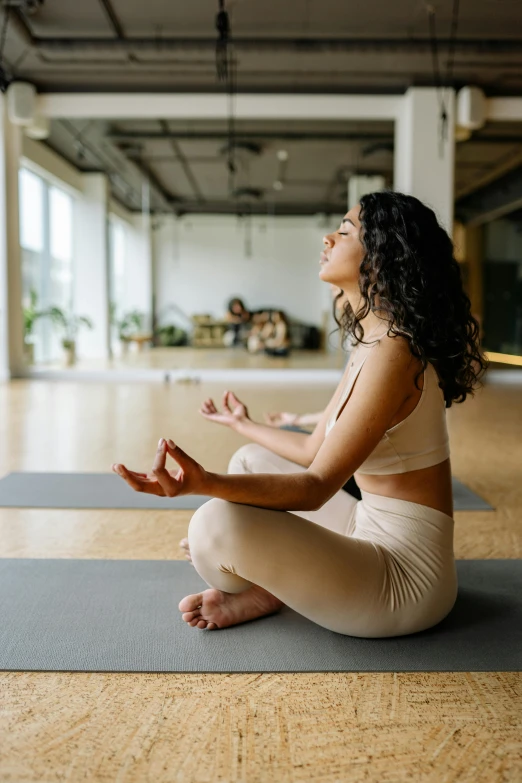 a woman sitting on top of a yoga mat, pexels contest winner, renaissance, meditating in lotus position, low quality photo, brown, in a gym