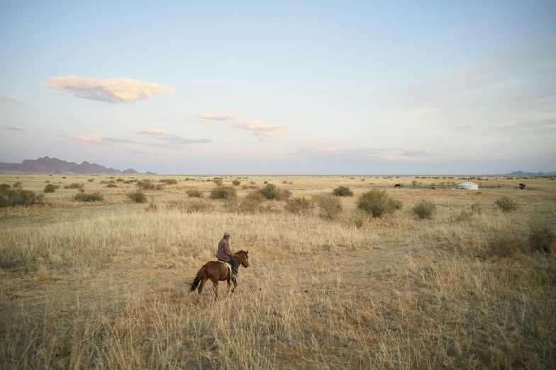 a man riding on the back of a brown horse, inspired by Scarlett Hooft Graafland, unsplash contest winner, land art, grasslands, seen from afar, rinko kawauchi, empty remote wilderness